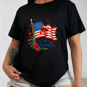 Trebalena Crewneck T-Shirt 100% Patriotic American Flag T-Shirt Women God Bless America July 4th Independence Day Graphic T-Shirt Short Sleeve T-Shirt Fashion Casual Top Summer Spring Women's Clothing Mother's Day