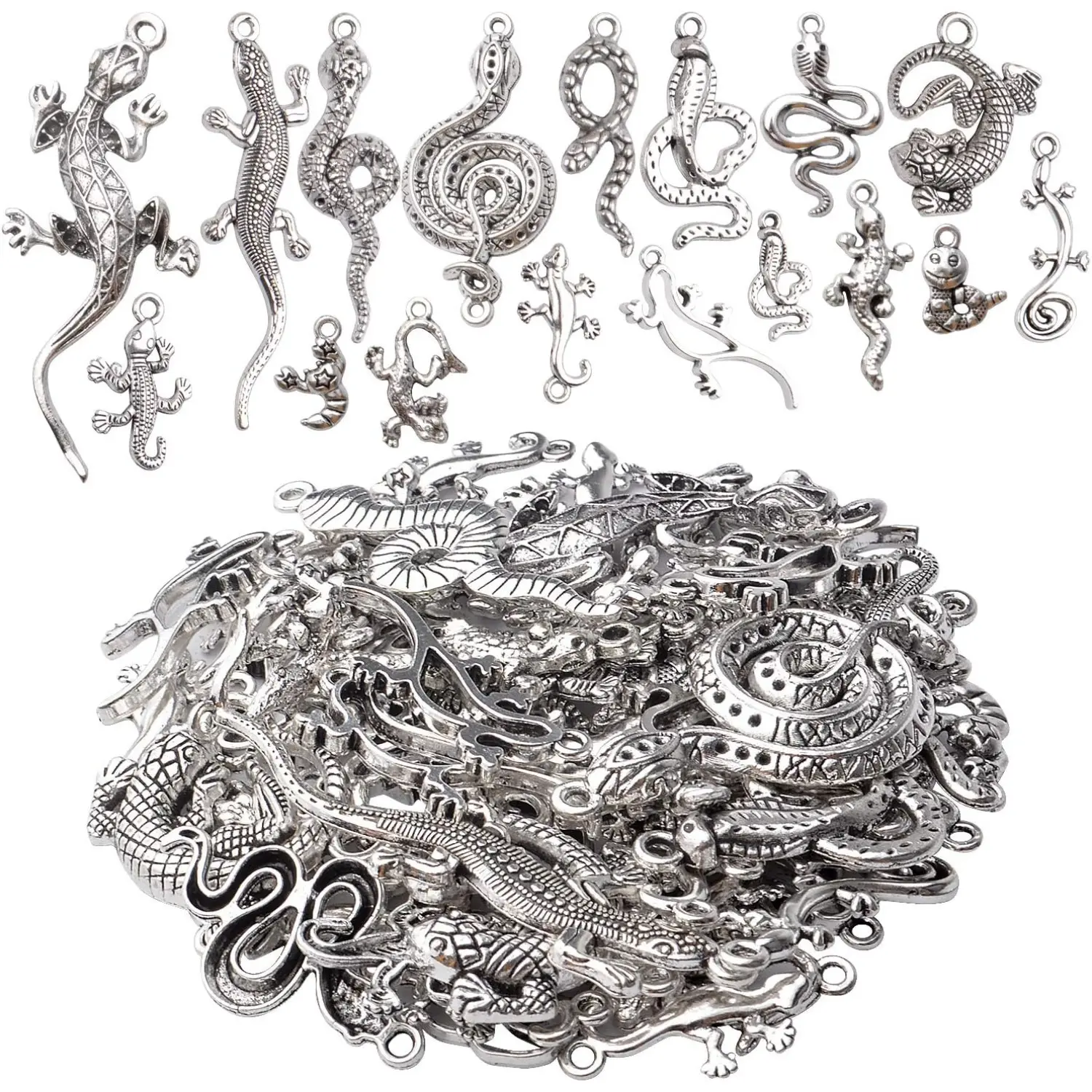 100g Craft Supplies Antique Silver Snake & Lizard Charms Alloy Mixed Style Animal Charms for Bracelet & Necklace Jewelry Making Accessories