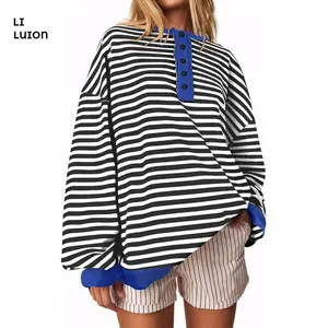 Women Loose Crew Neck Sweatshirts Cute Striped Print Loose Long Sleeve Pullovers Casual Fall Workout Tops Autumn Streetwear
