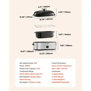 VEVOR Roaster Oven, 22QT Electric Roasting Pan, 150-450 Adjustable Temperature Multifunctional Electric Roaster Oven with Self-Basting Lid, Defrost Warm Function for Holiday Meal, Fits 26lb Turkey
