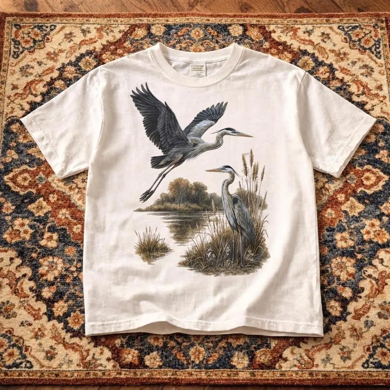 Gildan Women's White T-shirt, Great Blue Heron Shirt, Bird Watching Graphic Tee, Wildlife Nature Lover Shirt, Vintage Heron Bird T Shirt, Outdoor Adventure Gift Womenswear Cotton