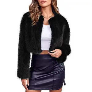Women’s fashion cut faux fur leather jacket, long-sleeved front-open cardigan, wool sweater, casual fluffy top; available as a 100% fluffy short jacket. GARMENTARY