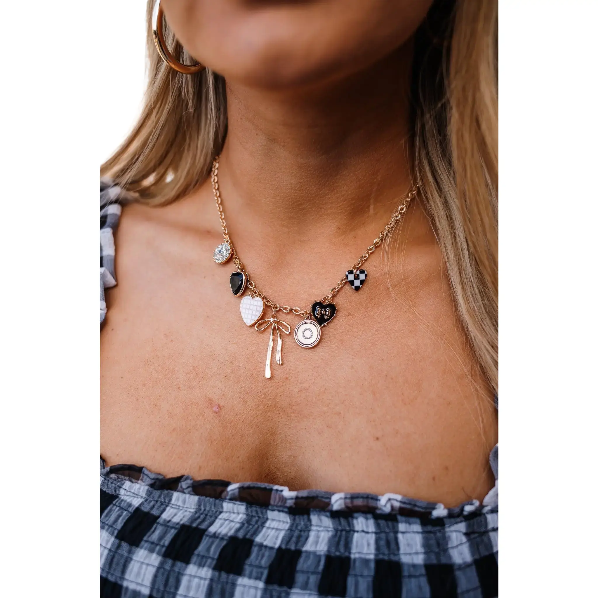 Checker-Bow Charm Beads Necklace, Fashion Costume Jewelry for Women, Bows Necklaces, Necklaces For Women