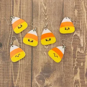 Halloween Acrylic Candy Corn Emoji Earring - Hand-Painted, Hypoallergenic