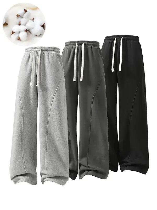 Women's Fleece Thermal Lined Straight Sweatpants, Wide Leg Baggy Basic Style Athletic Joggers Pants with Drawstring Waistband, Youth Girl Cute Casual Comfy Trouser for Spring Autumn and Winter Minimalist Womenswear Bottom summerwins