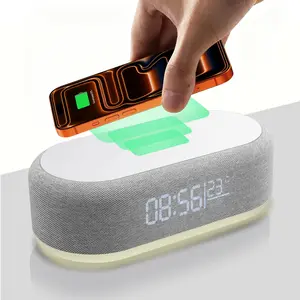 Bedside Wireless Charger Alarm Clock with LED Night Light, 15W Fast Charging Station for iPhone Samsung, Multifunction Digital Clock Time & Temperature Display