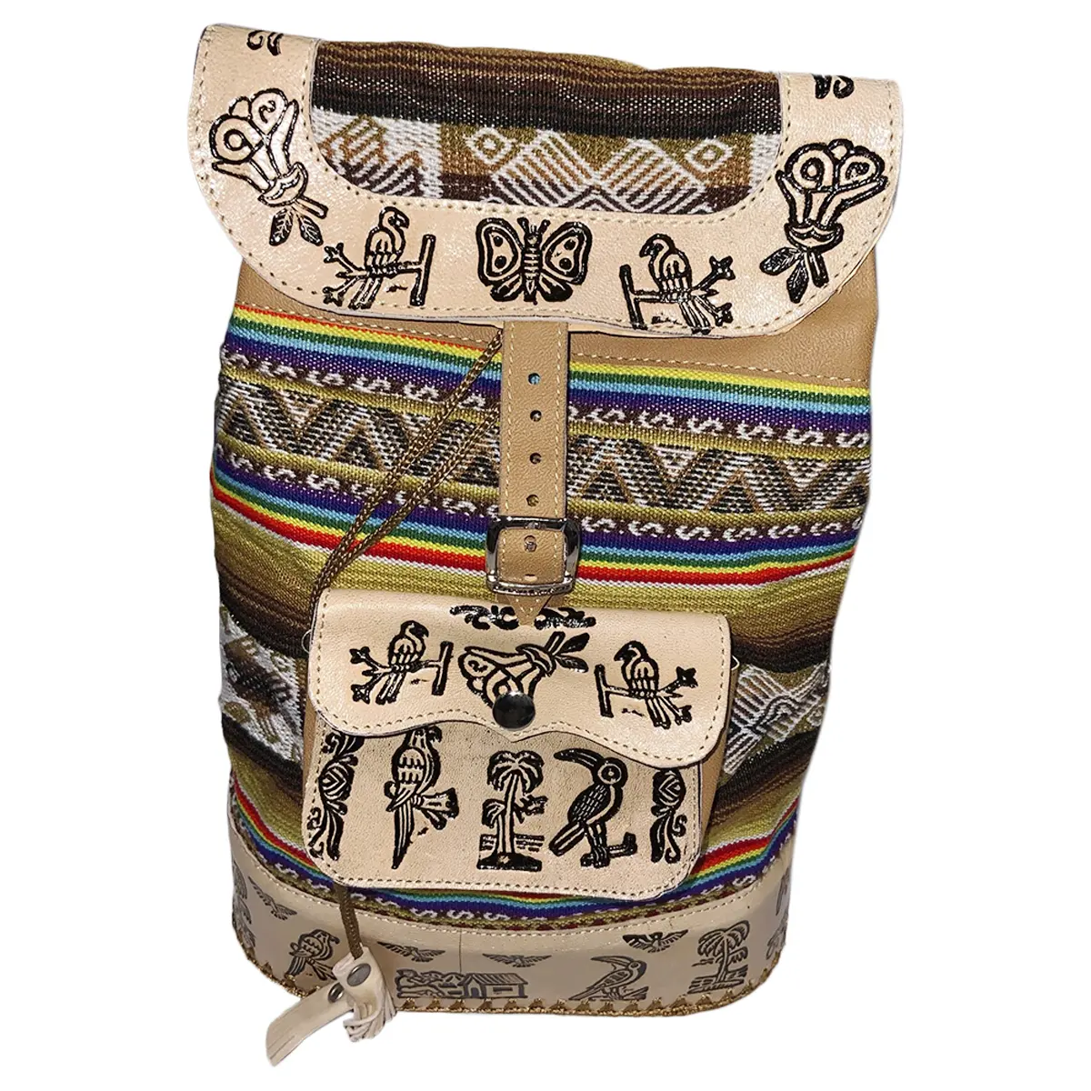 New Peru Cusco Women's Textile Fabric Embossed Leather Boho Backpack Bag
