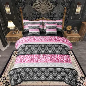 Polka Dot with Leopard Print Comforter Set 7 Pieces Pink Black Leopard Bedding Set Wild Animal Skin Texture Bed in a Bag with Comforter,Sheets,Pillowcases,Cushion Covers