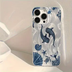 TPU+PET Feather Texture Phone Case for iPhone  17/16/15/14/13/12/11 Pro Max & Pro & Plus & Air – Whale Ocean Print, Shockproof Airbag Protection, Cute Sea Life Cover Transparent Cellphone Smartphone Protective