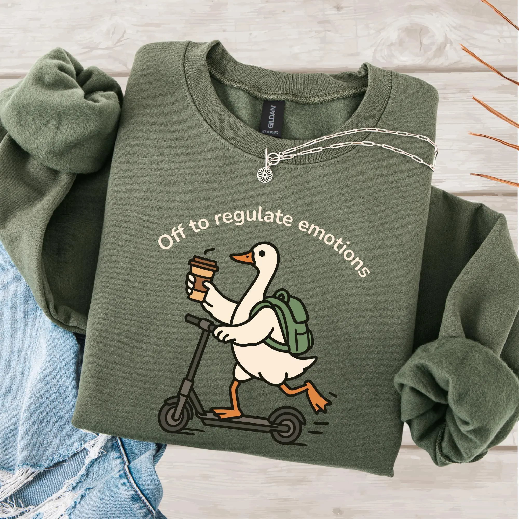 Off To Regulate Emotions Duck Sweatshirt Funny Goose Riding Scooter Graphic Sweatshirt Cute Meme Crewneck Pullover Casual Unisex Gift