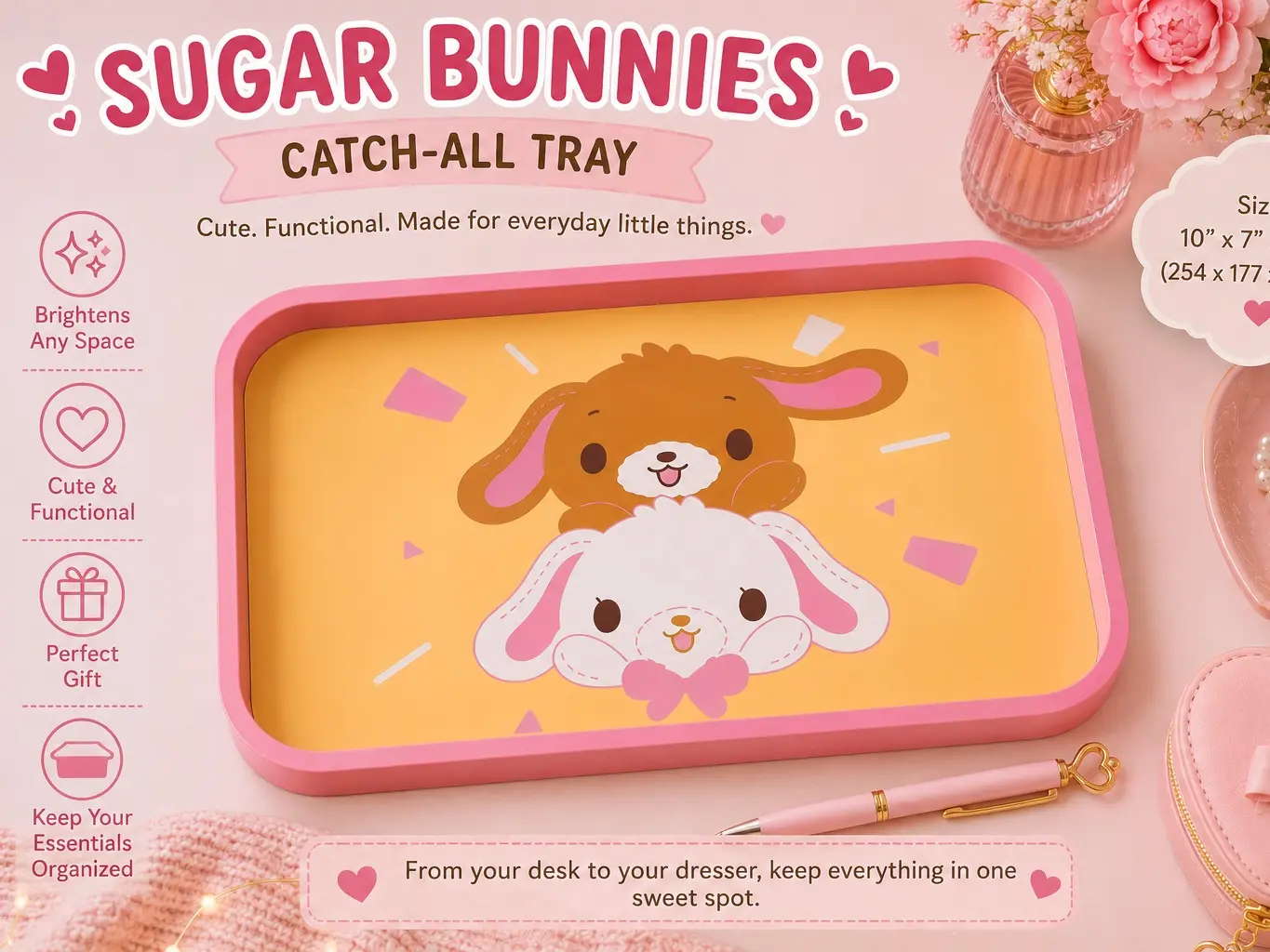 sugar bunnies, bunny tray, kawaii tray, catch all tray, jewelry tray, key tray, desk organizer, pastel decor, donut decor, cute room decor, vanity organizer, 3d printed gift, bunny lover gift,