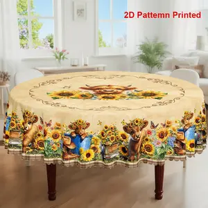 1pc, Spring Summer Themed Party Tablecloth, Picnic Table Cover, Vintage Buffalo Check Scottish Highland Cattle Sunflower Floral Printed Design, Rectangular/Round/Oval Table Cloth, Embossed Edges, Suitable For Picnic Dinner Kitchen Dining Room Decoration