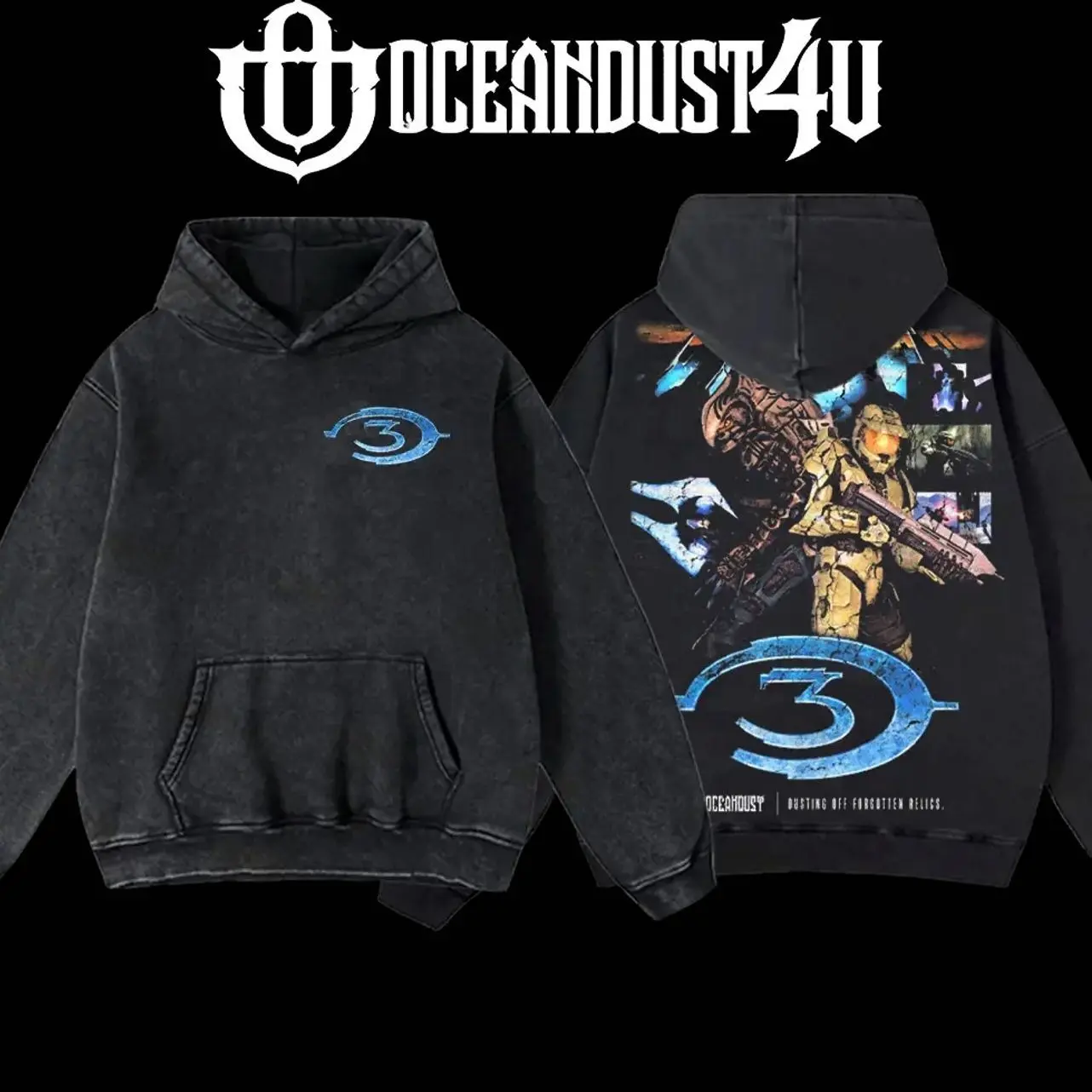OceanDust4U Halo 3 Master Chief Finish the Fight Cotton Men's Hoodie - Menswear Apparel Tops, Highlighted Fabric BWO