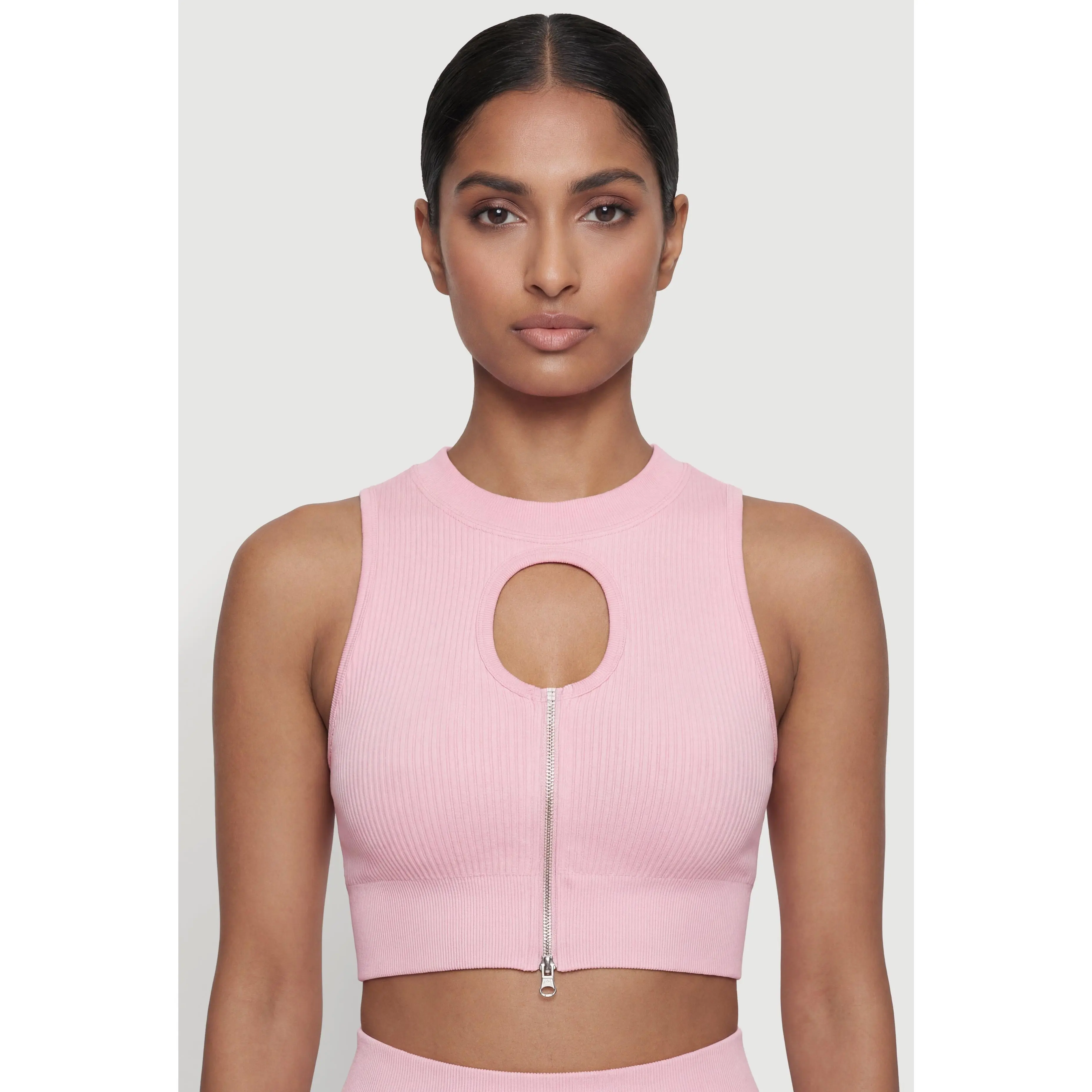 Compression Rib Zip Front Cutout Detail Crop Top