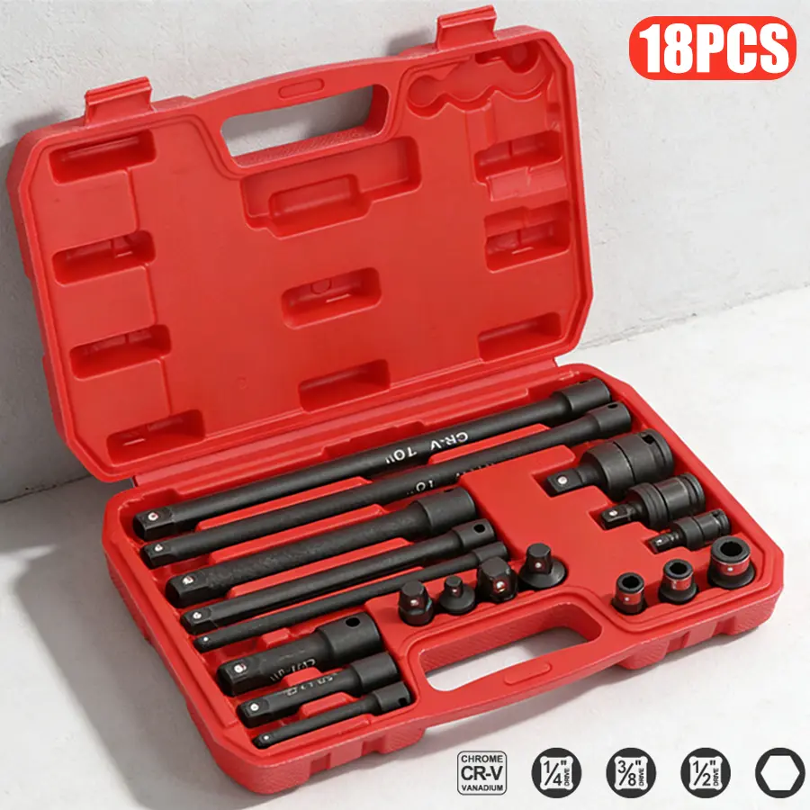 【P-M】18-piece Impact Socket Extension Set Tools, Swivel Universal Joint, Deep 1/4", 3/8", 1/2" Drive Socket Adapter, Extension Bar, 3 Ratchet Coupler, CR-V Steel Alloy Corrosion-Resistant Mechanic extension handle car home repair hand tool