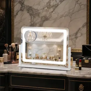 Vanity Mirror with Lights, 16"×12.4" LED Makeup Mirror, Rounded Frame, 10X Magnification, Smart Touch with 3-Color Lighting, Dimmable, 360° Rotation, Lighted Up for Makeup Desk, Bedroom (White)