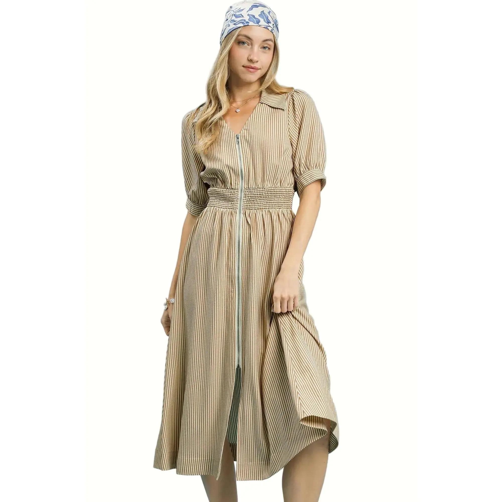 Umgee Striped Midi Dress with Front Zipper
