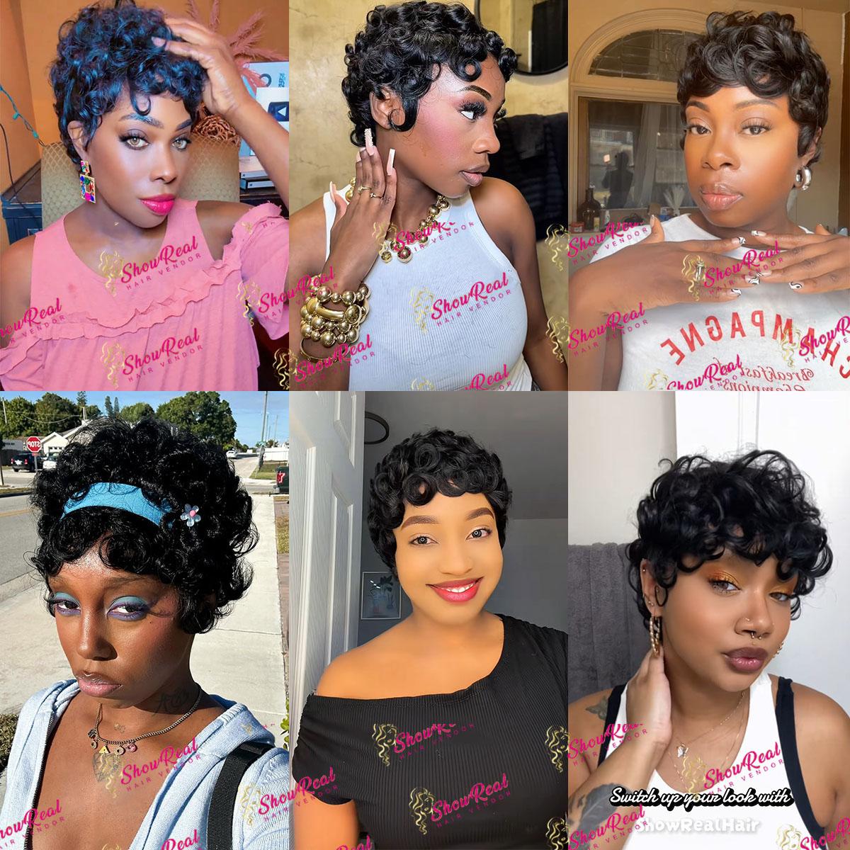 ShowReal 025 Chioma Wig Short Pixie Cut Wig Pin Curls Black Mommy Wig Curly Bomb #99J #1B/30 #4 #1B/4/27 #4/30/4 Colorful Brizalian Virgin Human Hair  Style Wigs For Black Women