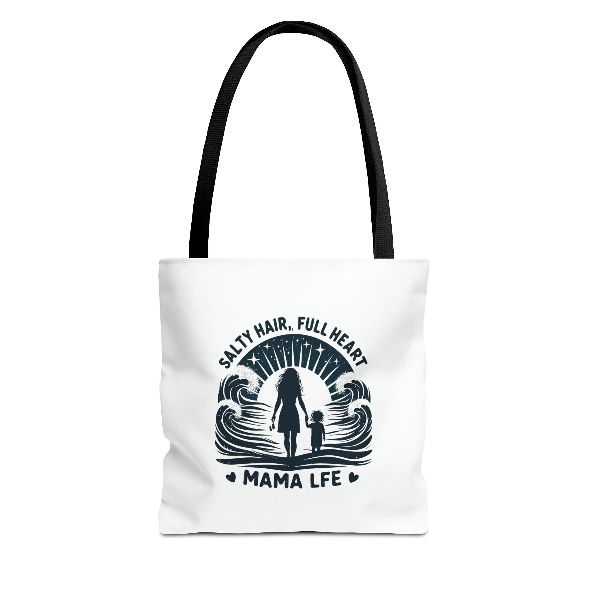 Beach Tote Bag for Mama Life with Salty Heart, Full Heart Design - Mom and Kid Walking on Beach, Mother's Day Gift, Summer Bag, Large Canvas