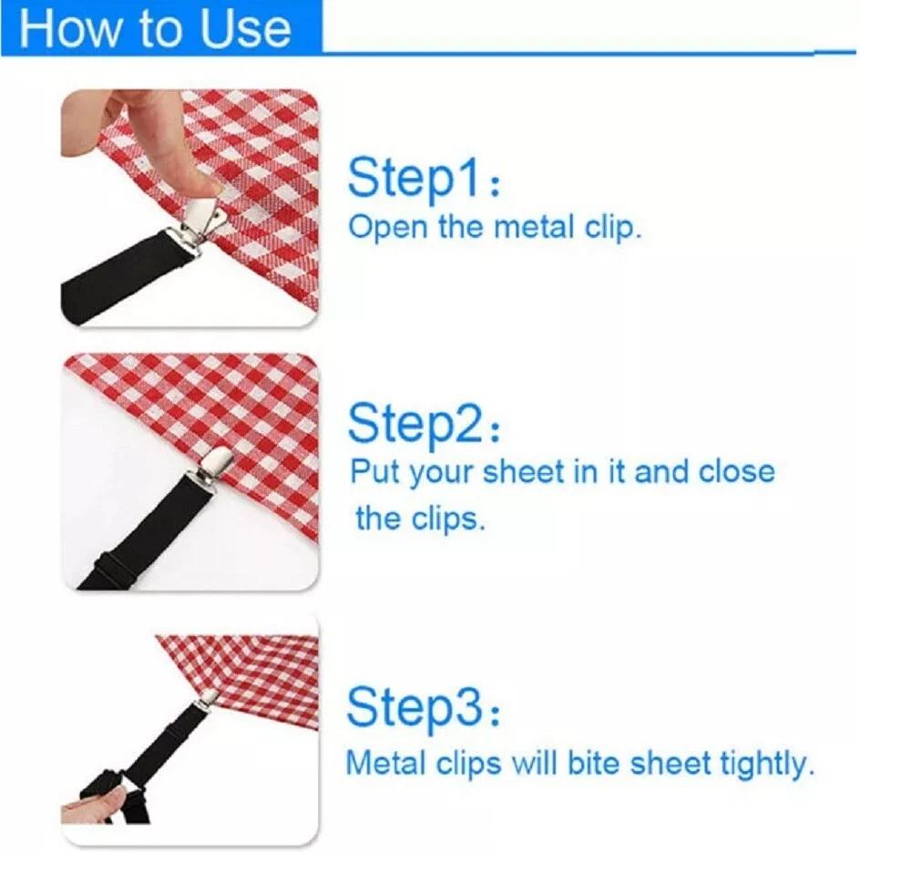 4 Pack Bed Sheet Holder Straps Adjustable Fitted Sheet Clips & Corner Grippers 4 Pack Bed Sheet Holder Straps Adjustable Fitted Sheet Clips & Corner Grippers