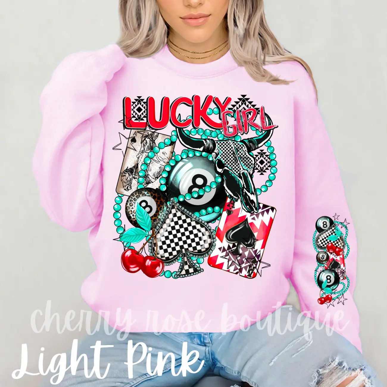 Lucky Girl Eight Ball Spade Retro Sweatshirt with Sleeve Design, Unisex Crewneck