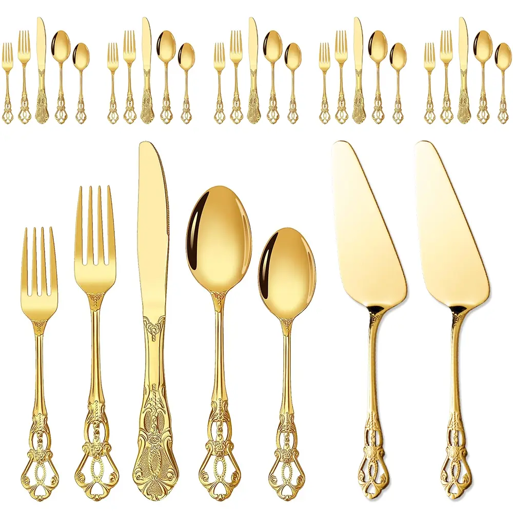 Vintage Cutlery Set, 21/32 Piece Stainless Steel Flatware, Dinnerware Service Set, Includes Knife Fork Spoon Pie Server, Ideal for Weddings Festivals Parties