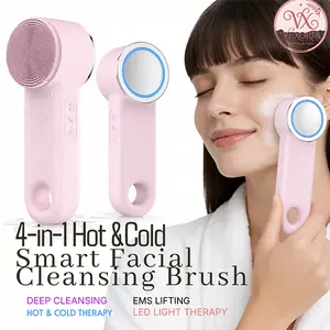 [VEXORIA]4-in-1 Hot & Cold Smart Facial Cleansing Brush，Silicone Face Scrubber EMS Microcurrent + Red and Blue LED Light Therapy| Deep Clean, Lift & Firm Skin | IPX7 Waterproof USB-C Rechargeable Facial Skincare Device，Pink