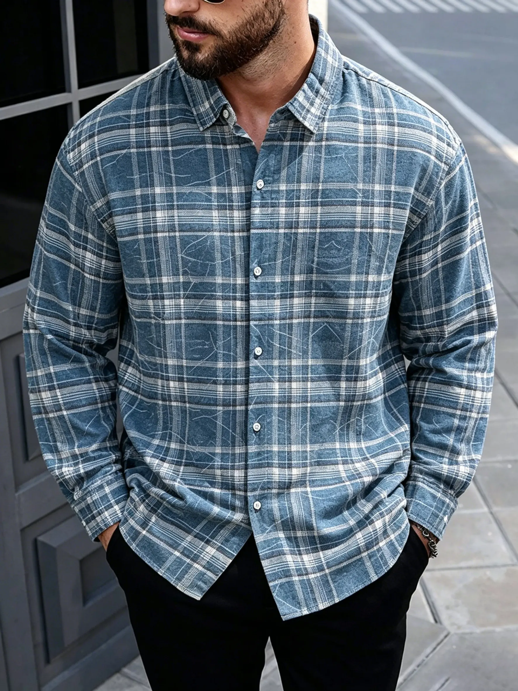 Men's Casual Long Sleeve Button-Down Plaid Flannel Shirt with Stylish Crackle Print, Loose Fit Menswear Top