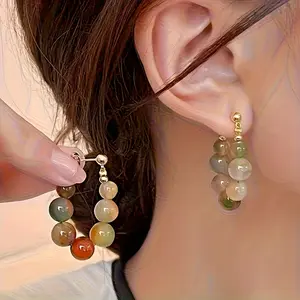 Boho Vintage Style Natural Stone Hoop Earrings For Women - January Birthstones, Nickel-Free Copper Ear Needle, Daily & Party Accessory For All Seasons, Ideal For Thanksgiving - 1 Pair