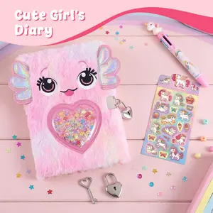 Axolotl Diary for Girls with lock and keys, Kids Journal School Travel Soft Cover Notebook Gift Set for Writing and Drawing,Multicolored Pen, Stickers, Birthday Gift for Girls ages 6-8