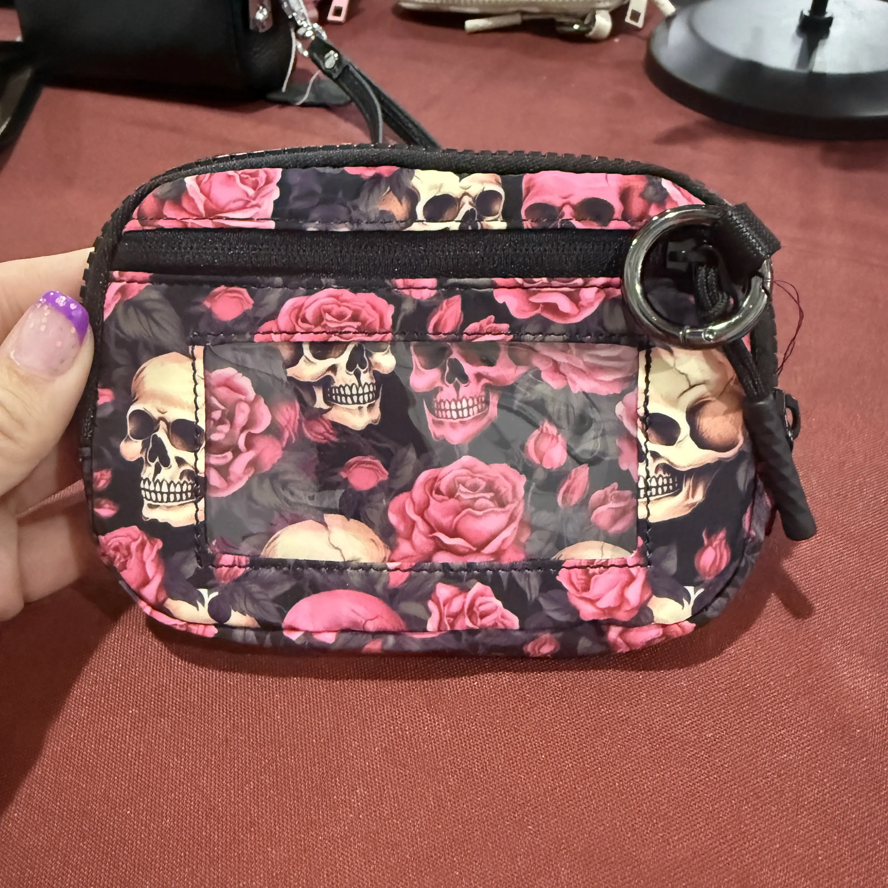Women's RFID-Blocking Wristlet Wallet, Zip Wristlet Pouch with Pink Skulls Halloween Design NO WRISTLET