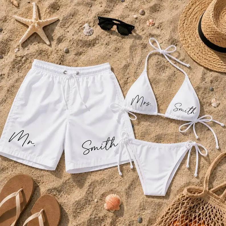 Custom Mr and Mrs Swimsuit Set, Personalized Honeymoon Matching Swimwear, Bride Bikini and Groom Swim Trunks, Custom Last Name Wedding Gift