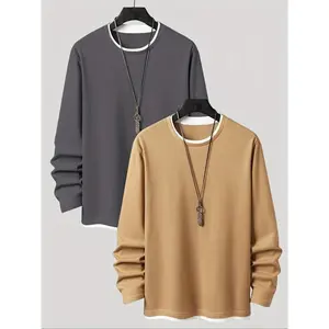 Men's Casual Fashion Long Sleeve T-Shirt Set, Comfortable Waffle Knit Fabric, Simple Design, Two-Piece Pack, Perfect for Daily Wear