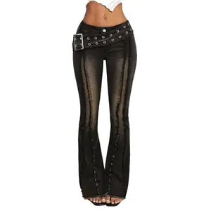 Women's Low Waist Flare Leg Jeans With Sun-Shaped Buckle And Eyelets, Black Denim Pants