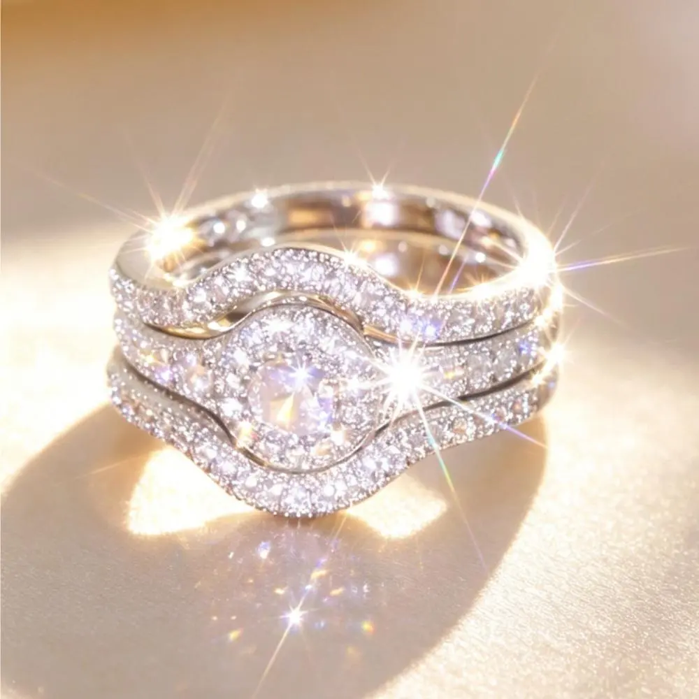 Women's 3-Piece Bridal Ring Set, Stackable Curved Halo Engagement Ring with Wedding Bands, Silver Plated  Fashion Promise Jewelry, Fashion Promise Ring, Stackable Finger Rings