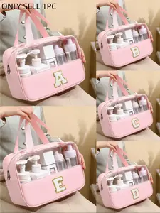 Transparent Letter Patch PU Makeup Bag, Fashion Solid Color Square Organizer, Waterproof Storage Pouch, Travel Bag for Women