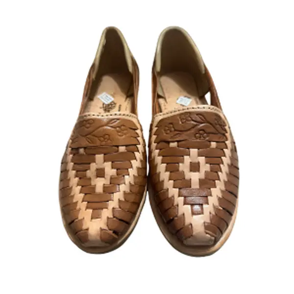 Women's Handmade Mexican Leather Huarache Shoes | Genuine Leather Woven Slip-On Flats | Two-Tone Tan | Made in Mexico