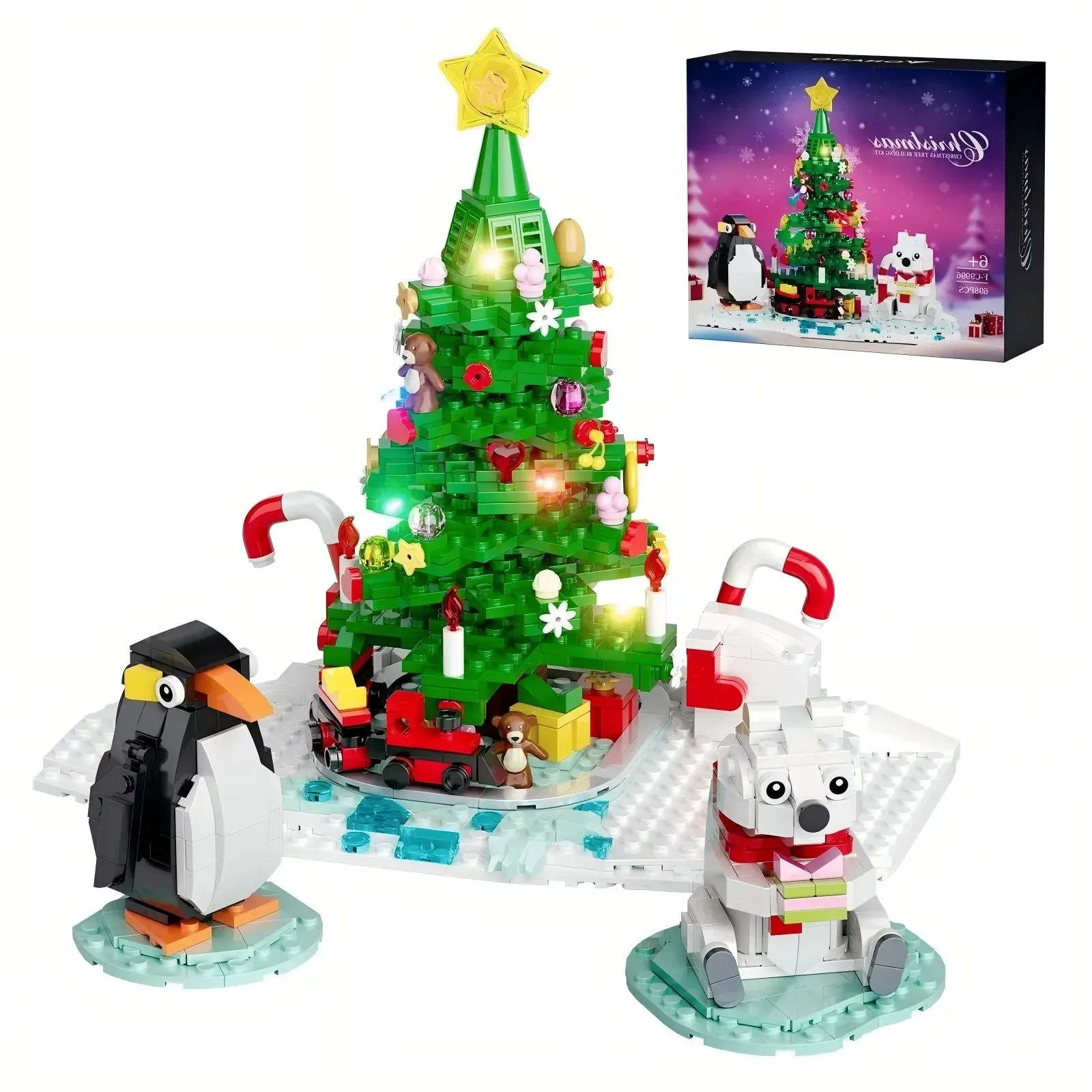 Light Up Christmas Tree Brick Building Sets - 802Pcs Winter Holiday Construction Toys with Warm LED Lights, Penguin & Bear Models, Holiday Decor, Collecting Gifts for All Brick Fans