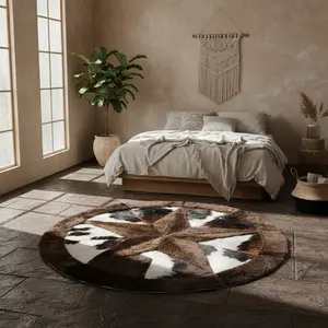 Round Buffalo Area Rug - Cowhide Fill with Bison Star & Border (60") Tricolor