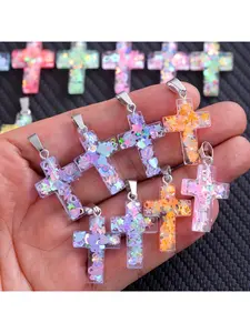 20Pcs Cross Shaped Acrylic Exquisite Trendy Pendant Charms Resin Flower Fruit Pattern DIY Jewelry Decoration Necklace Earrings Bracelet Craft Making Accessories Cute Jewelry Findings for Festival Gift No Chain