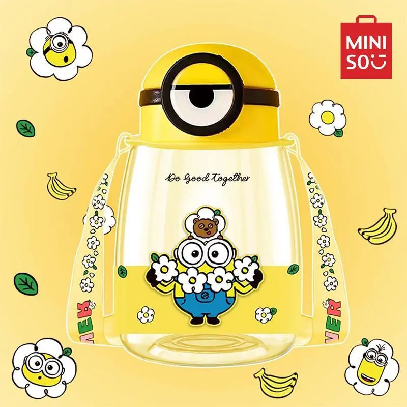 Miniso Daisy Minions Collection High-Capacity Lightweight Sturdy Reusable Portable Washable Child-Friendly Plastic Water Bottle with Shoulder Strap (800mL/27oz) - Wintertok Kitchen Drinkware Tumbler, Quick Delivery backtoschool