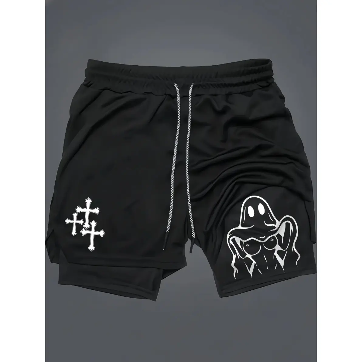 Sexy Lady Ghost Print Menswear 80s 90s Men's 2-in-1 Ghost Cross Graphic Sweat Shorts for Men Drawstring Athletic Shorts Streetwear Summer Outfits Men Shorts Gifts for Him