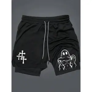 Sexy Lady Ghost Print Menswear 80s 90s Men's 2-in-1 Ghost Cross Graphic Sweat Shorts for Men Drawstring Athletic Shorts Streetwear Summer Outfits Men Shorts Gifts for Him