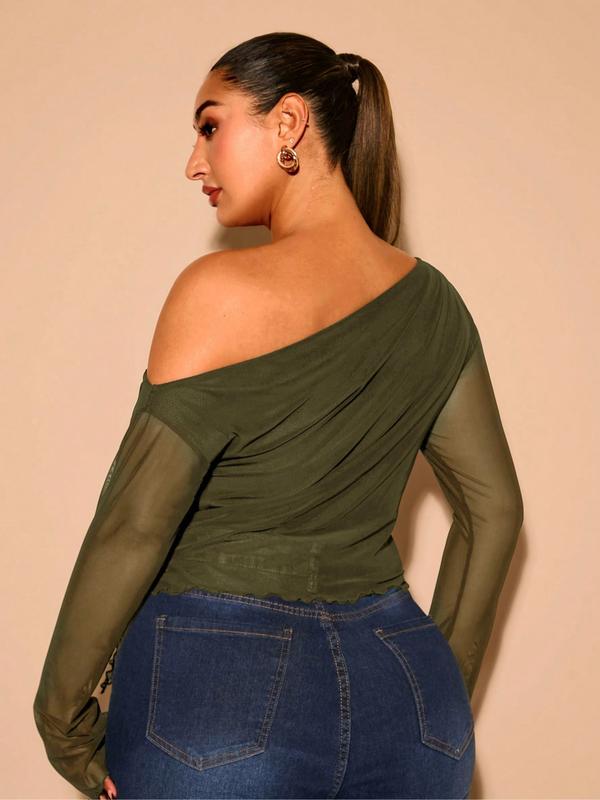 Plus Size Women's Mesh Top, Asymmetrical Shoulder Drawstring Long Sleeve Shirt, Semi-Transparent Slim Fit, Casual & Formal Wear