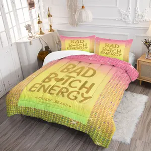 Bad Bitch Energy Funny Slogan Comforter Sets,Includes 1 Comforter & 1-2 Pillowcases,Y2K Bling Rhinestone Gradient Print Bedding Sets,Soft Cozy Bedding for Women Teen Girls Bedroom Dorm Decor,Ideal Gift for Preppy Aesthetic Style Lovers