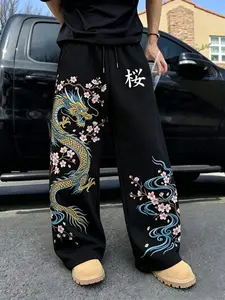 Unisex Japanese Street Style Dragon Print Floral Wide Leg Sweatpants, Elastic Waist with Drawstring, Perfect for Daily Wear, Music Festivals, Skate Parties