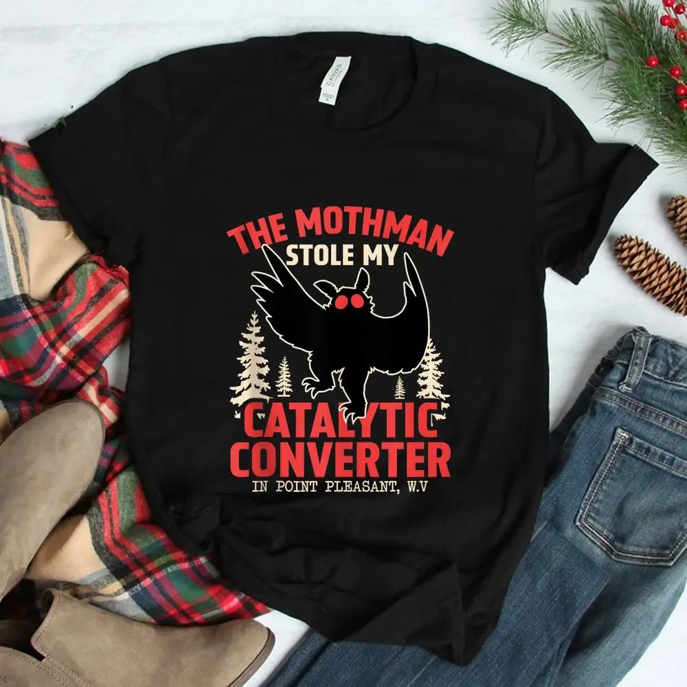 Men's Oversized Loose Menswear Round Neck Sports Top - Breathable Denim-Style Casual Shirt, "Mothman Stole My Catalytic Converter" Graphic, Simple, Stylish, Comfy, Hem Detail, for Outdoor Activities, Pairs with Hoodies/Leggings