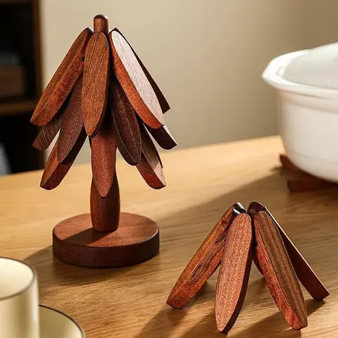 Sturdy Solid Wood Christmas Tree Pattern Tableware Set - 4 Foldable Placemats, Wooden Coasters with Stand, BPA-Free Heat-Resistant Shields for Hot Dishes/Pots, Durable Nordic Kitchen Decor, Compact Storage Holiday Gift
