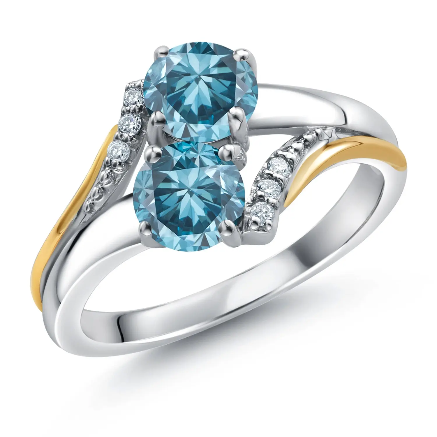 Gem Stone King 925 Silver and 10K Yellow Gold Blue Lab Grown Diamond and Lab Grown Diamond Engagement Ring For Women | 1.06 Cttw | Round 5MM | Gemstone April Birthstone