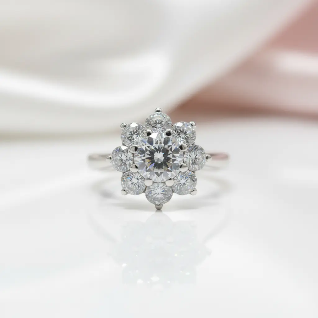 18K White Gold Round Cut 1 Carat Diamond Option Sunflower Engagement Ring